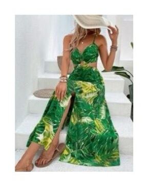 SHEIN Green Tropical Cutout Maxi Dress with Spaghetti Straps